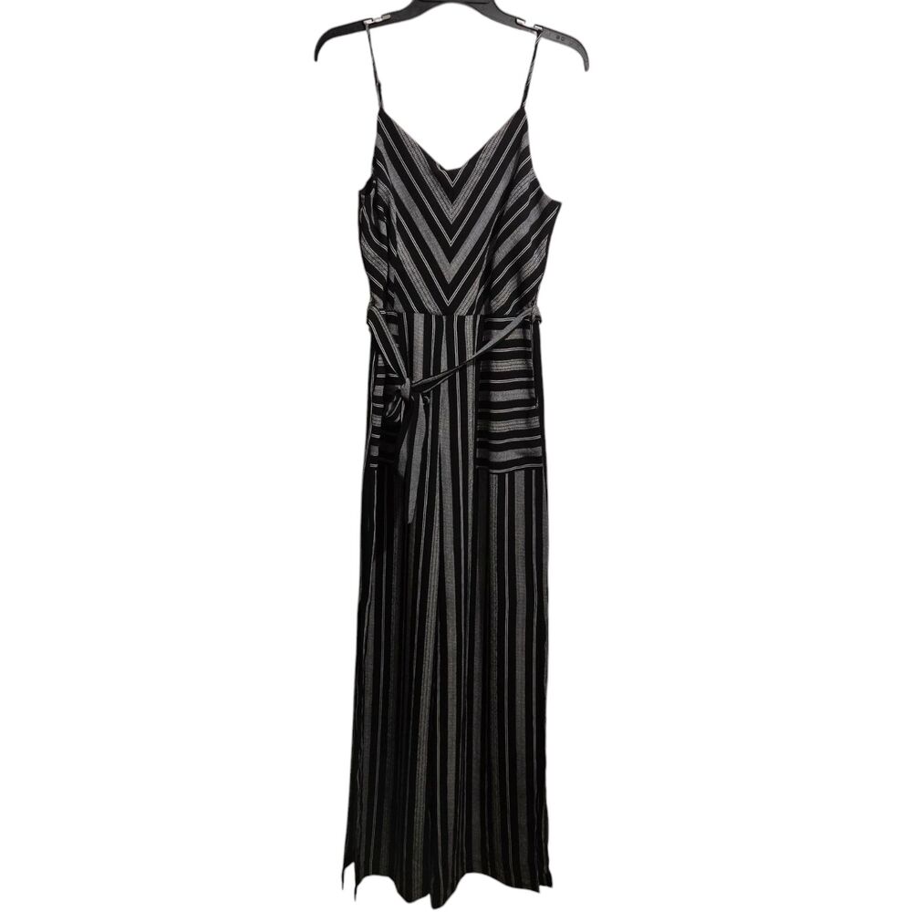 Monteau Jumpsuit Women M Gray Black Vertical Stripe V-Neck Spaghetti Strap Slit